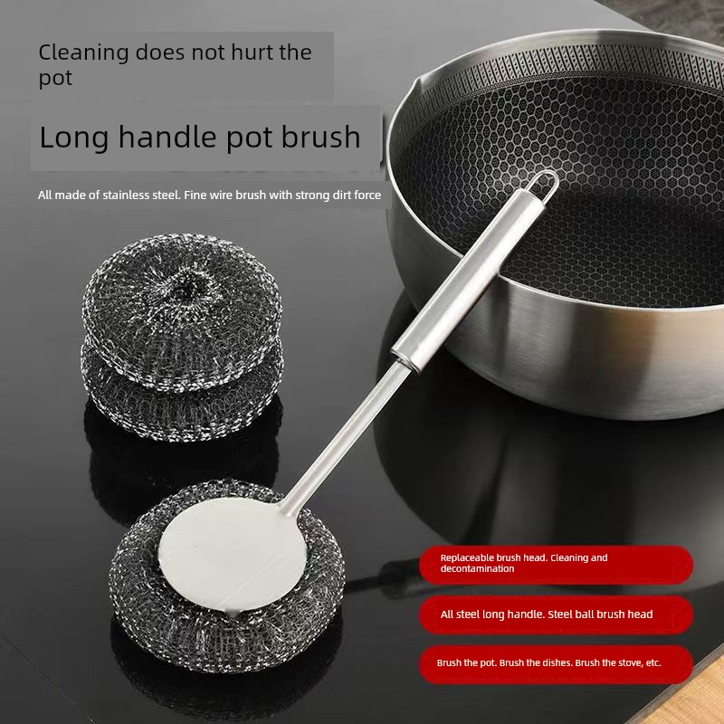 Stainless Steel Wok Brush For Home Kitchen Cleaning Gadget Washing Pot Bowl Oil Removal Does Not Hurt Pot Long Handle with Handle Steel Wire Cleaning Brush