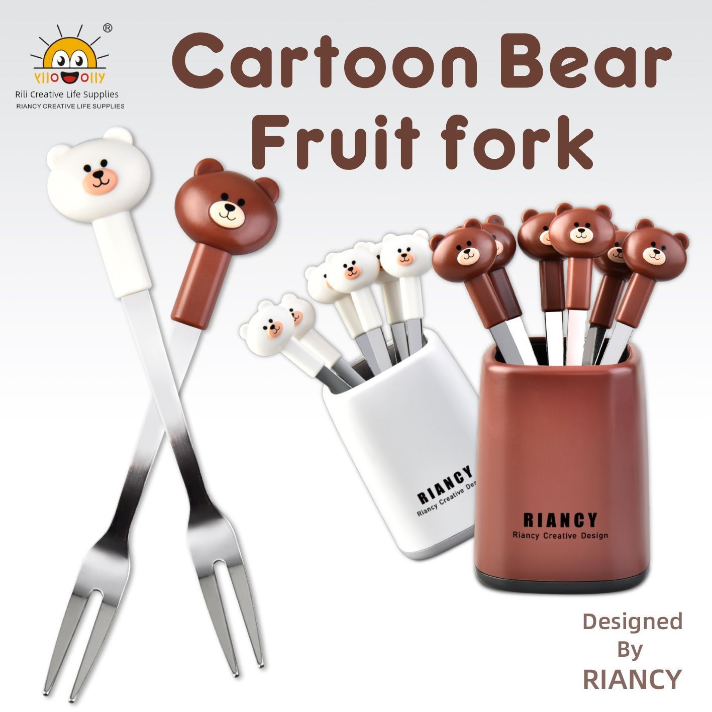 Rili Bear Stainless Steel Fruit Fork Set For Home Cute Small Fork Fruit Toothpick Cake Dessert Fork 6 PCs