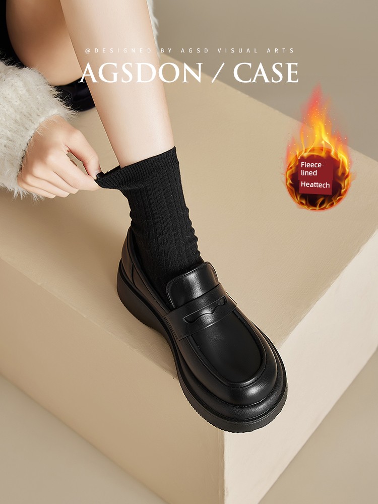 Augusto Loafers Women's 2025 Fall and Winter New Arrival Black plus Velvet Small Leather Shoes Slip-on Thick Sole Commuter Shoes