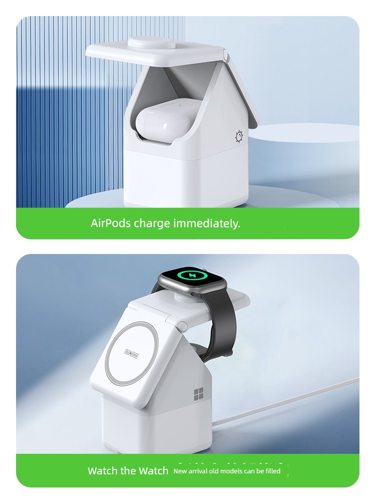Four-in-One Magnetic iPhone Cabin Creative Gift Desktop Decoration for Wireless Charger Earphone Watch Three-Color Small Night Lamp MagSafe Charging Set Apple Whole Barrels Charging Bracket