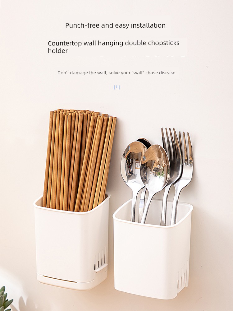 Chopsticks Holder Spoon Wall Hanging Storage Box Kitchen Storage Rack Breathable Cage Home Wall Mount Punch-Free Wall Draining