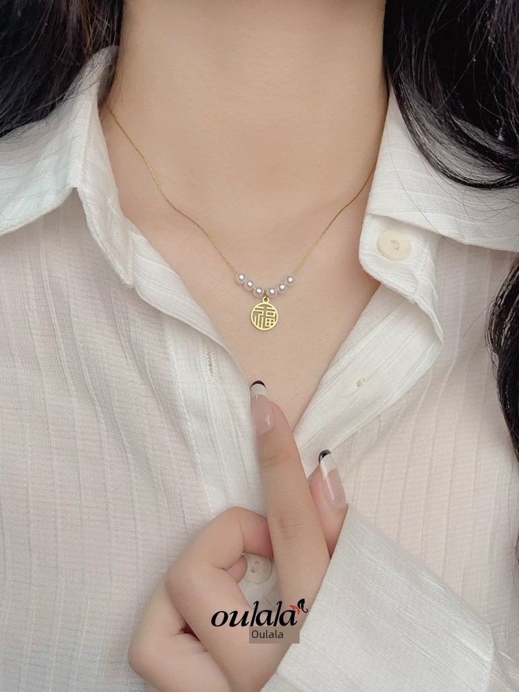 Pearl Fu Character Necklace Female Clavicle Chain New Arrival Chinese Character Small Exquisite Fashion Ornament Ethnic Style Titanium Steel Material