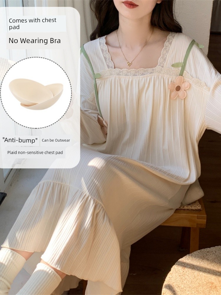 Nightdress Women's Long Sleeve with Chest Pad 2025 New Arrival Princess Style Maternity Pajamas Spring and Autumn Days Can Be Outerwear Homewear