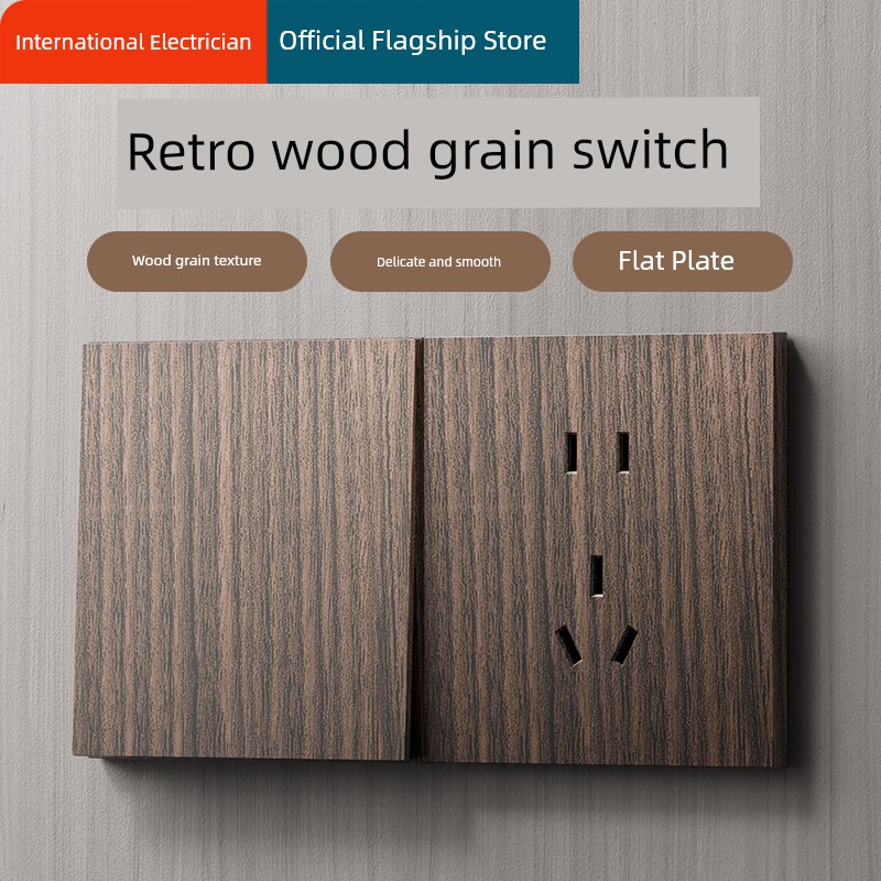 International Electrician Retro New Chinese Style Wood Grain 86 Type Switch Socket Panel One Single Open Double Control Five-Hole For Home B & B