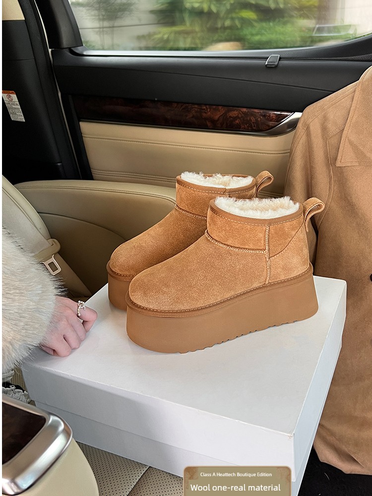 Double Face Wool Leather ~ Uncle's Thick Sole Warm Snow Boots Female 2024 Winter New Arrival Increased by Fleece-lined Fluffy Cotton Shoes