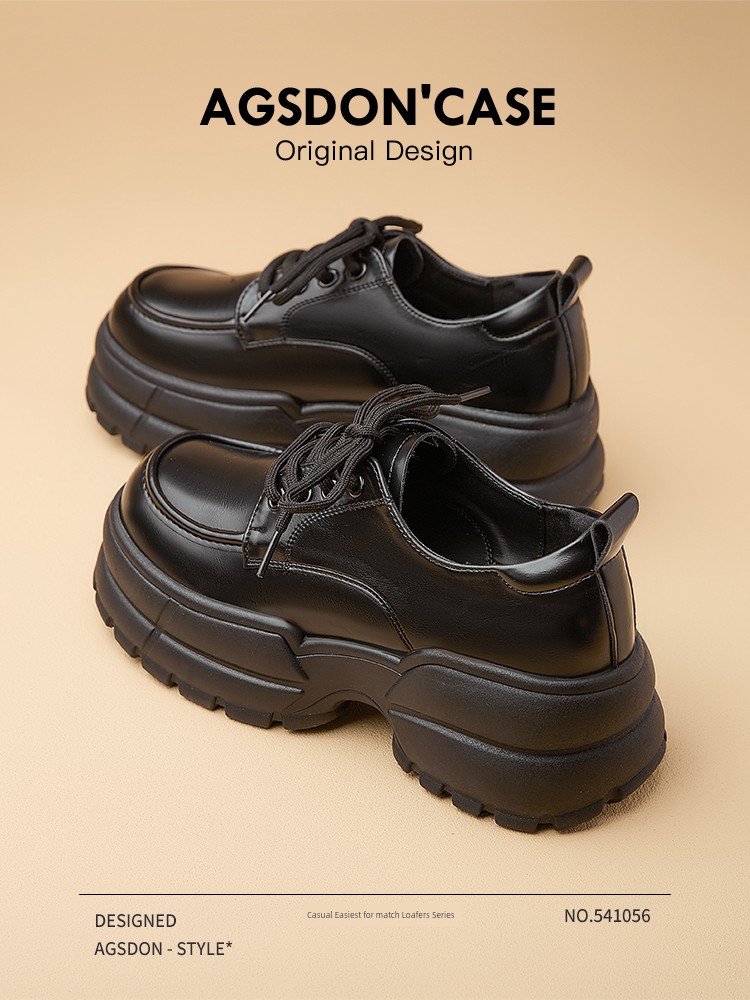 Black Leather Shoes for Women 2025 New Arrival Autumn and Winter Thick Sole British Platform Shoes Height-Increasing Loafers Fleece-Lined Shoes 2024