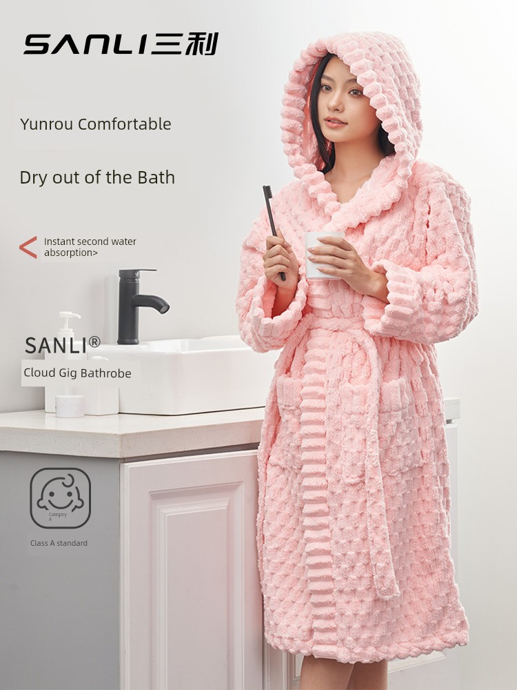 Sanli Cloud Plaid Autumn and Winter Bathrobe Ladies New Coral Fleece Water-Absorbing Quick-Drying Bath Bathrobe Heattech Couple