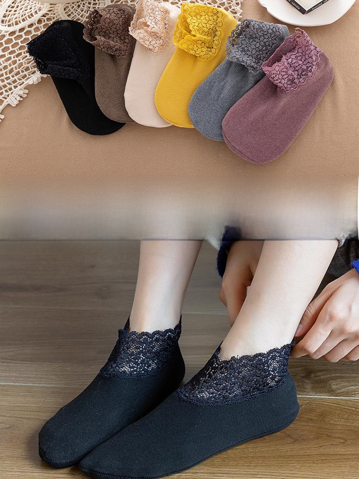 Fall and Winter Thick Socks Zide Velvet Lace Lace Socks Women's Cut Out Warm Non-Slip Silicone Low Cut Socks Lace Edge