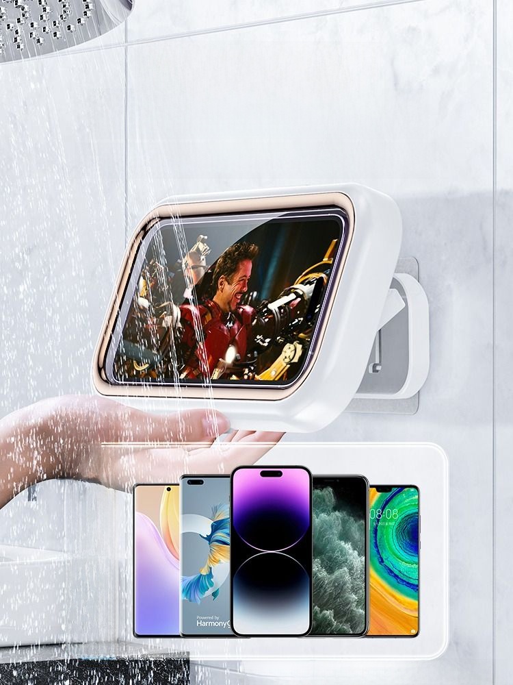 Rotate Bathroom Mobile Phone Water-Proof Box Lazy Fellow Watching TV Binge-watching Miracle Baby Sponge Wall Bathroom Storage Rack Transparent Storage Box Kitchen and Toilet Mobile Phone Stand Holder Retractable HD Fixed