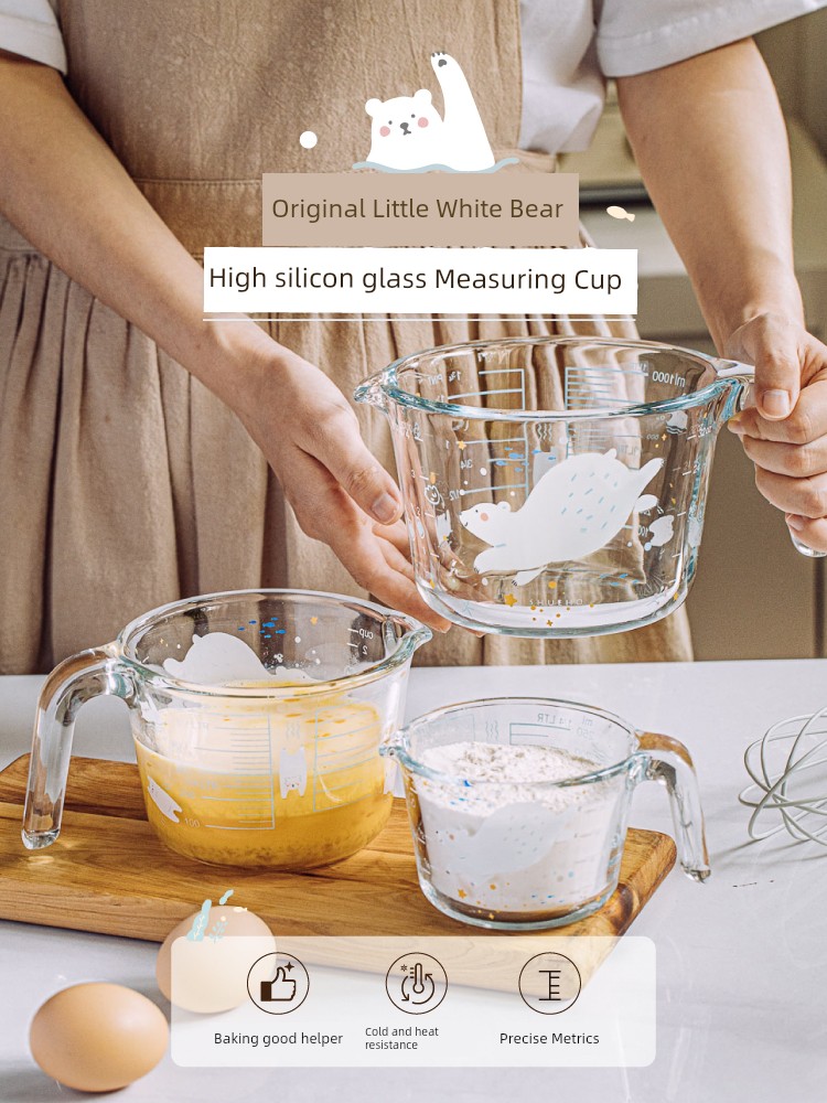 Shuke Little White Bear Glass Measuring Cup For Home with Scale Large Capacity Cup Measuring Cup Special Soybean Milk for Breakfast Milk Cup Heating