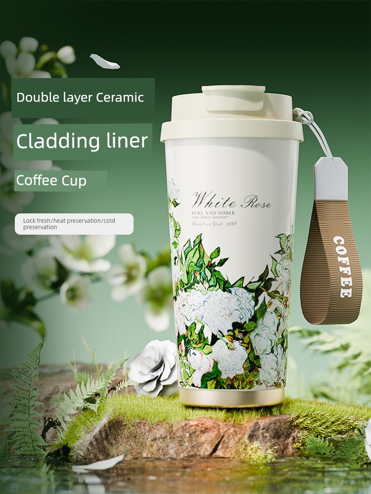 Jie'an Xi Coffee Cup Ceramic Inner Pot Insulated Mug High-End Exquisite Water Cup Female 2024 New Arrival Straw Portable Cup