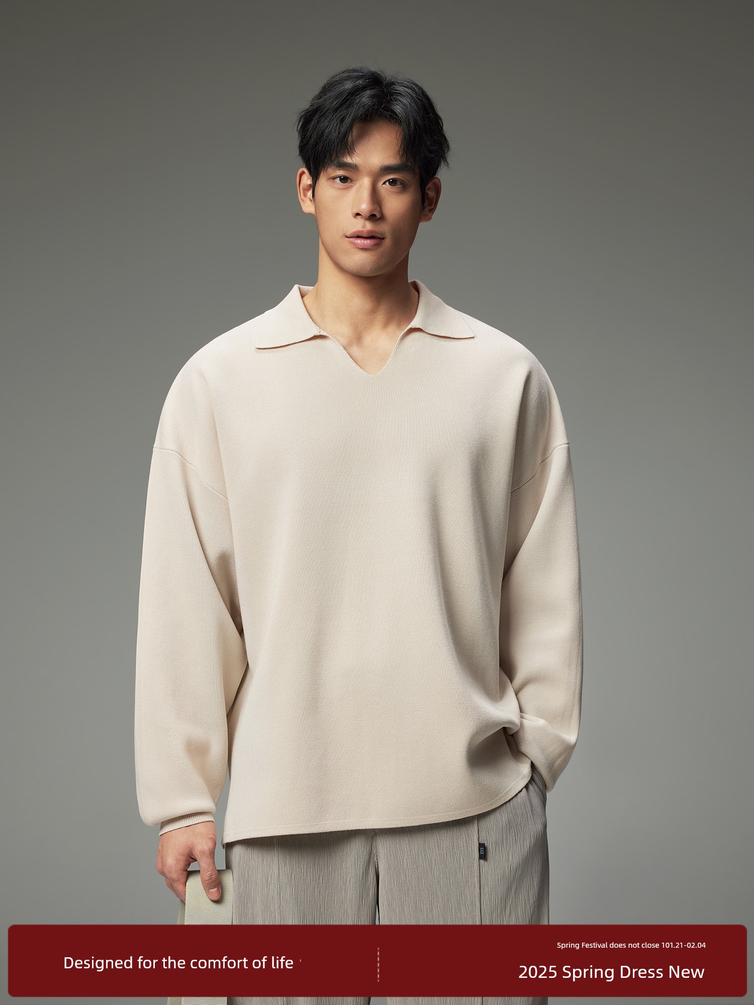 Bodydream BM Seagull Collar Polo Shirt Men Texture Woolen Long Sleeves Tops Small V Lapel Knitwear