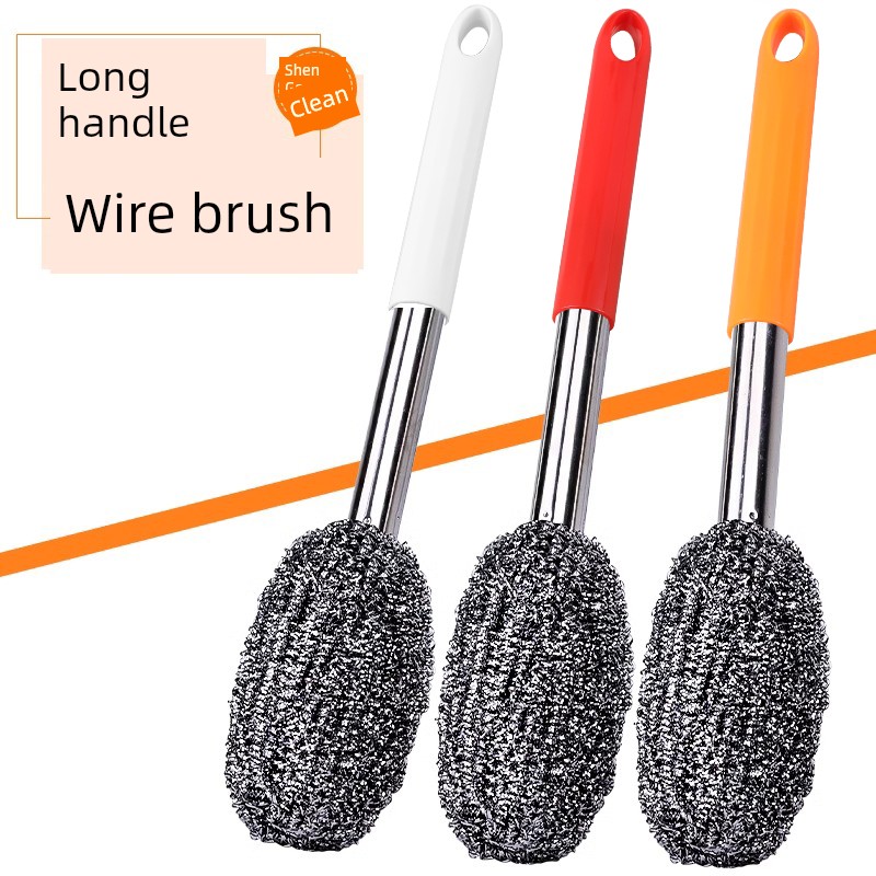 With Handle Long Brush Holder Steel Wire Ball Brush Dishwashing Bottle & Can Washing Pot No Rust Cleaning Kitchen No Hurt Hands No Slag Stove