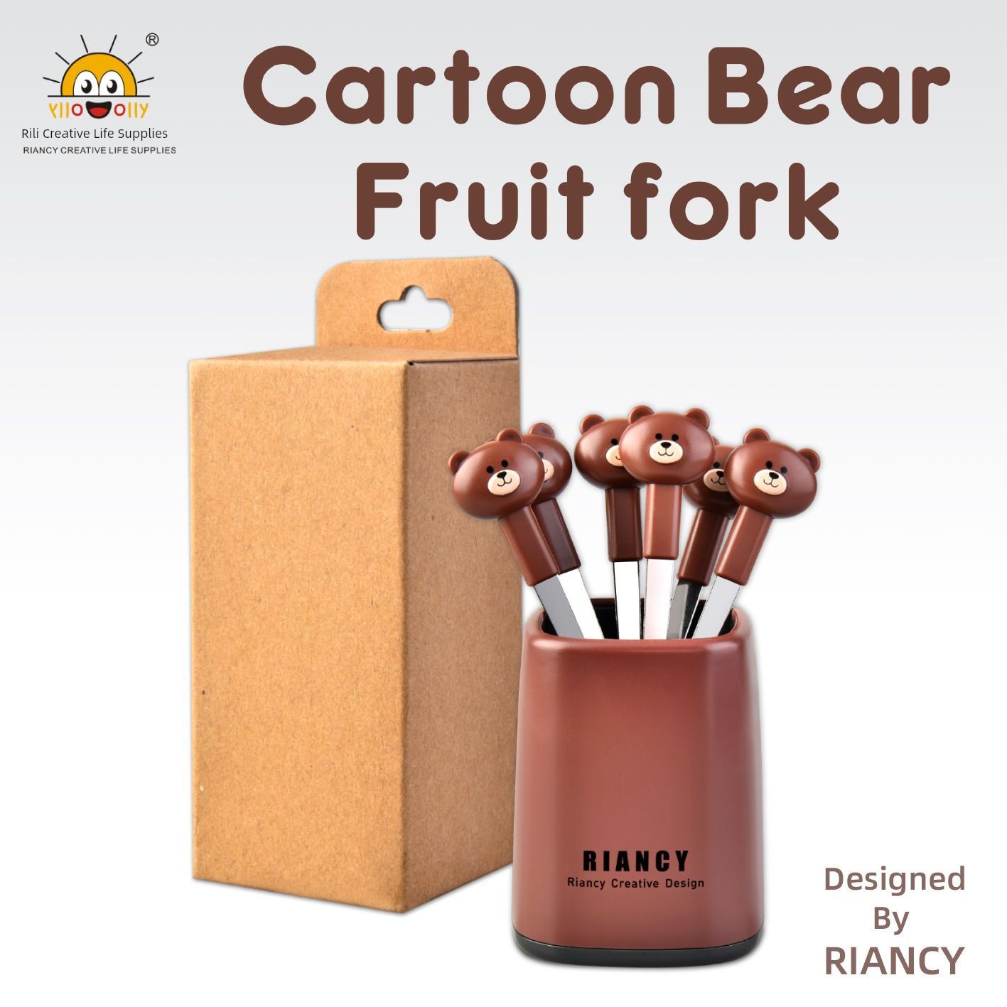 Rili Bear Stainless Steel Fruit Fork Set For Home Cute Small Fork Fruit Toothpick Cake Dessert Fork 6 PCs