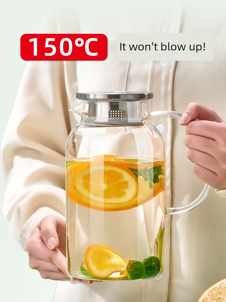 Glass Cold Water Bottle High Temperature Resistance Household Cold Water Pot Large Capacity Explosion-Proof Heat-Resistant Plain Boiled Water Jug Juice Jug Set