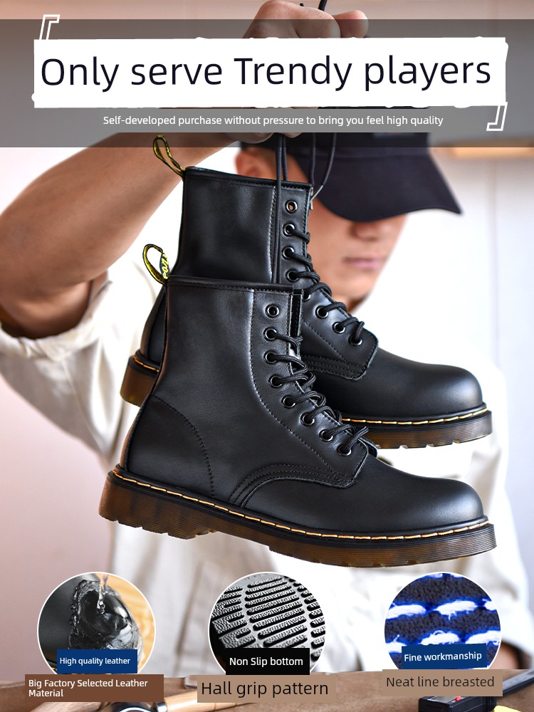 Black Martin Boots Men's Leather Winter Shoes Fleece-Lined Platform Leisure Cargo Men's High-Top GOOD YEAR Mid-Top Shoes