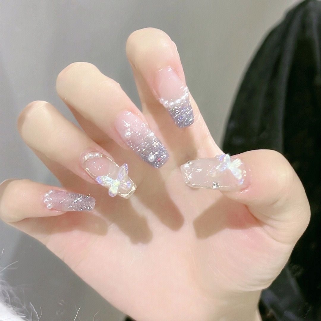 Handmade Wear Nail Nail Stickers Finished Summer Diamond in the Debris Butterfly Manicure Fancy White Bride Nail Fake Nails