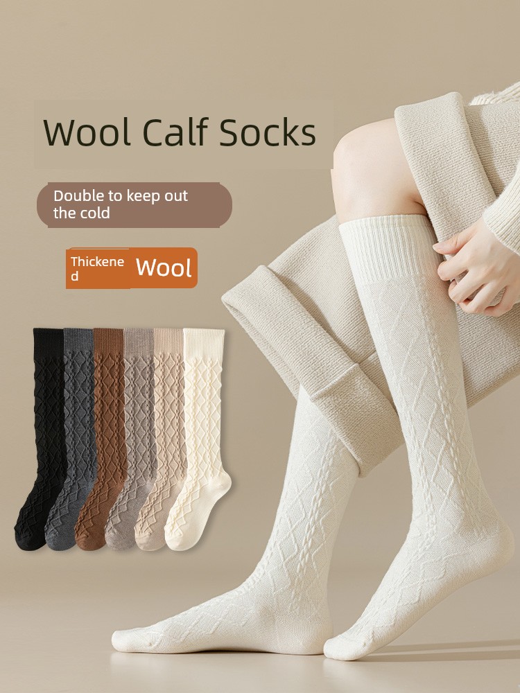 Wool Socks Calf Socks Women's Autumn and Winter Stockings Thickened Fleece-lined Warm Mid-Calf Length Socks Japanese Style JK Socks Stylish