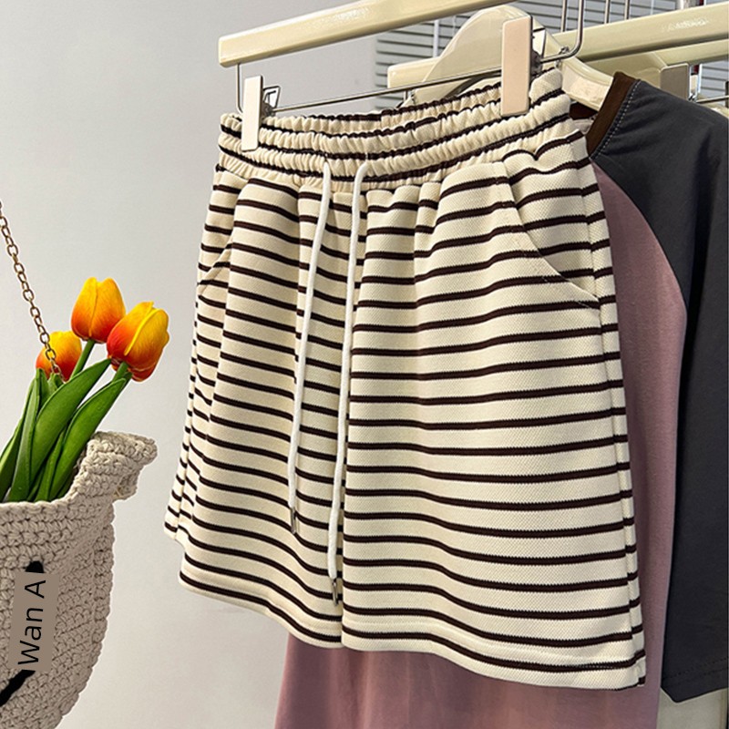 Extra Large Size 1.00 Kg-150.00 kg Black and White Stripe a Words Sports Shorts Women's Summer Thin Wide-Leg Pants Casual Fifth Pants