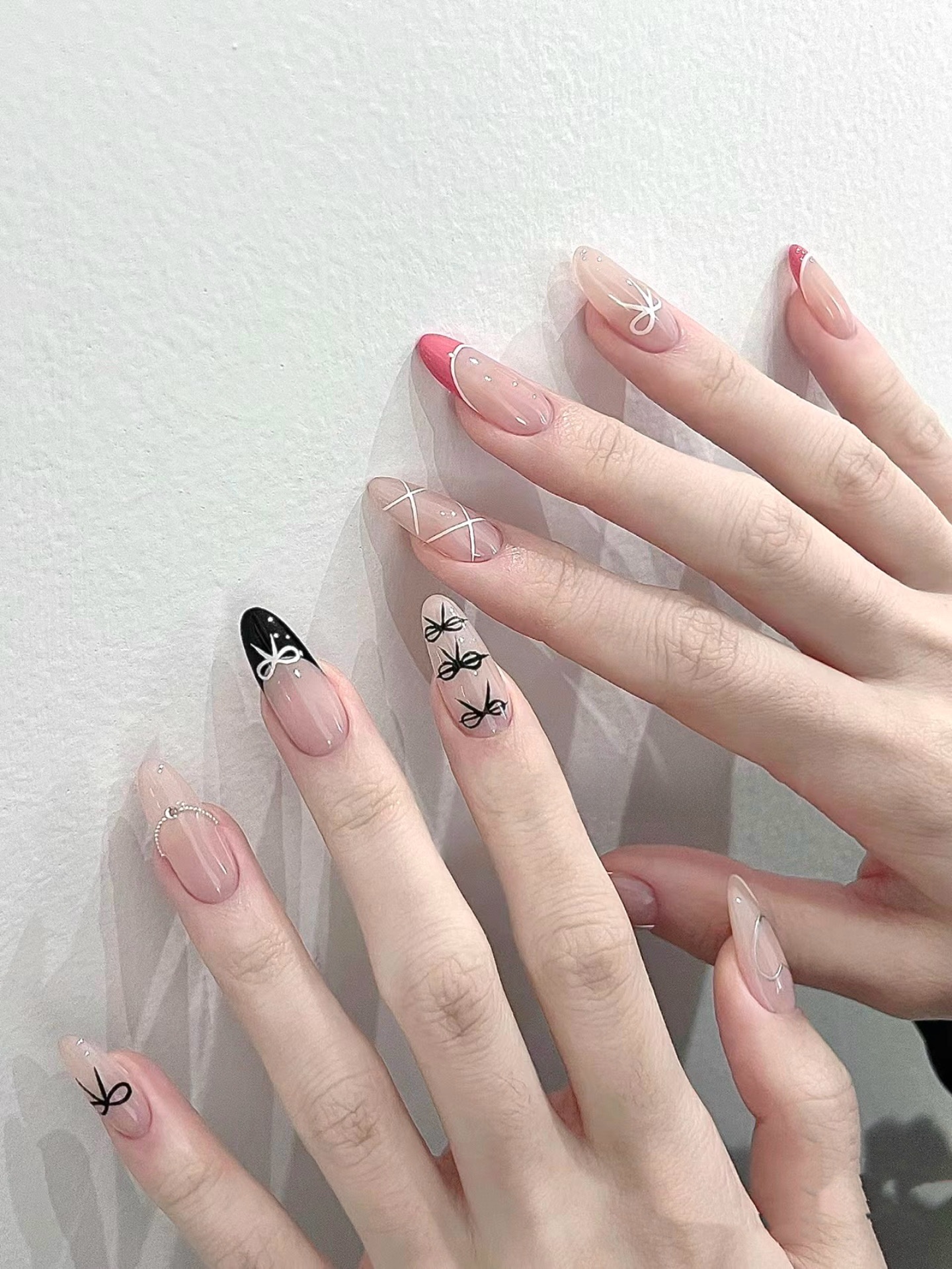 Liankeli | Bows French Hand-Painted Mandarin Duck Manicure Ins Style Elegant Nude Base Handmade Wear Nail Tip