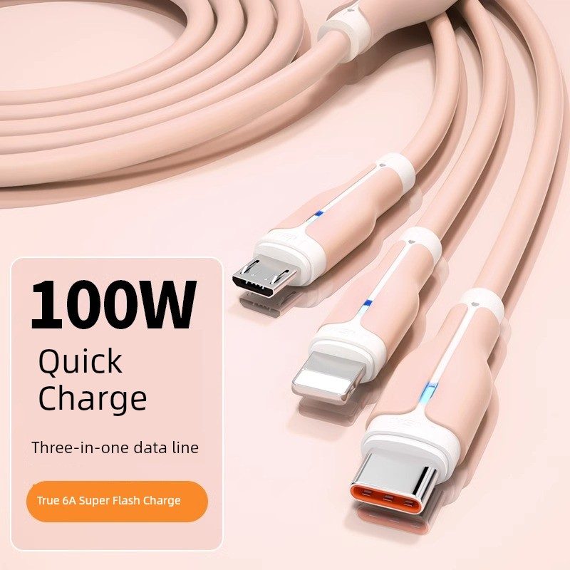 Applicable Charging Cable Three-in-One 100W Fast Charging One-to-Three Mobile Phone for Huawei Apple Vivo Xiaomi Oppo Glory Typec Car Vehicle Android Data Cable Multi-Head Neutral Three Suit