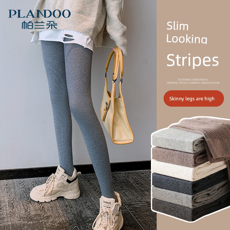 Fall and Winter Gray Outwear Vertical Stripes Fleece-lined Thickening Leggings Women's Spring and Autumn Pantyhose Thin Silk Stockings Leggings