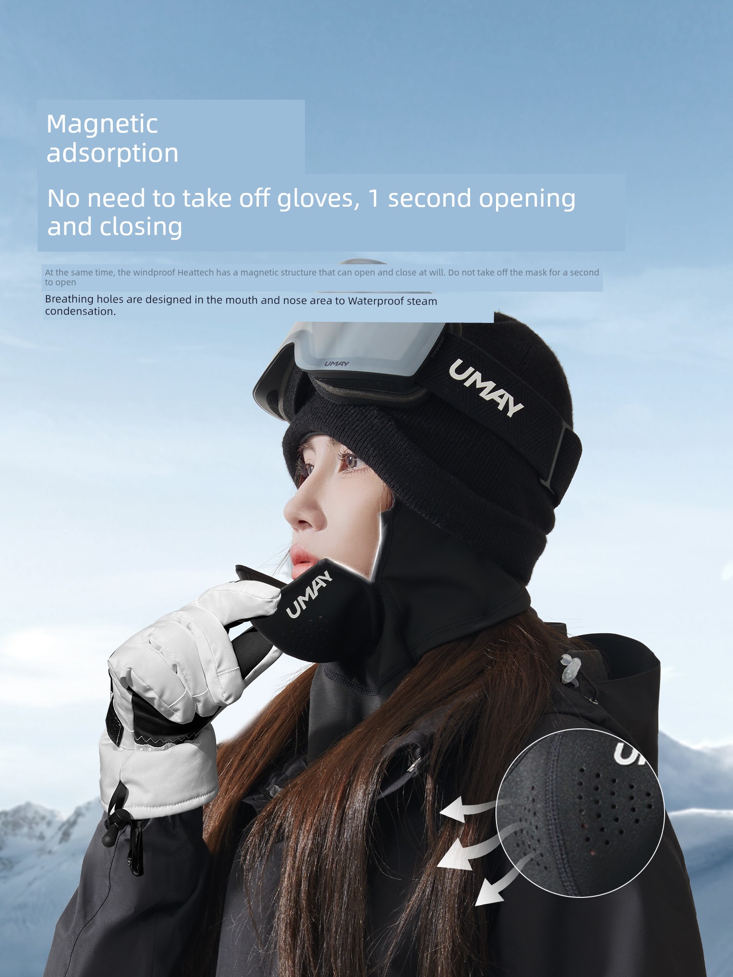 Umay Ski Mask Face Care Magnetic Suction Face Mask Men's and Women's Headgear Equipment Winter Cycling Mask Windproof Breathable Mask