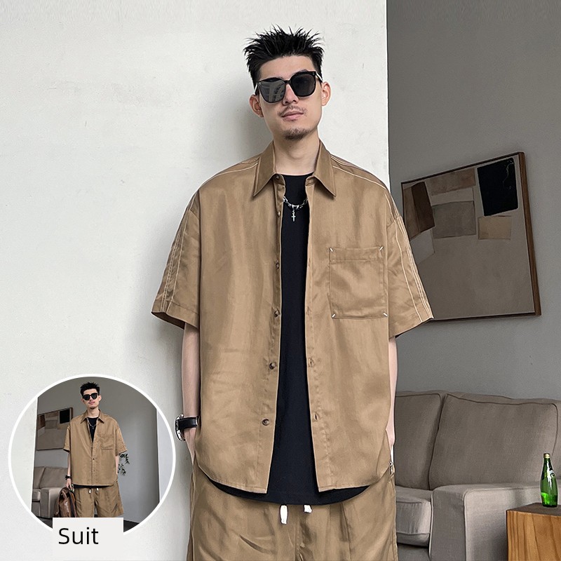Uncle Bar Short-Sleeved Shirt Men's Suit Summer Lyocell Tencel Trendy Casual All-Matching Loose Simple Shirt Two Pieces
