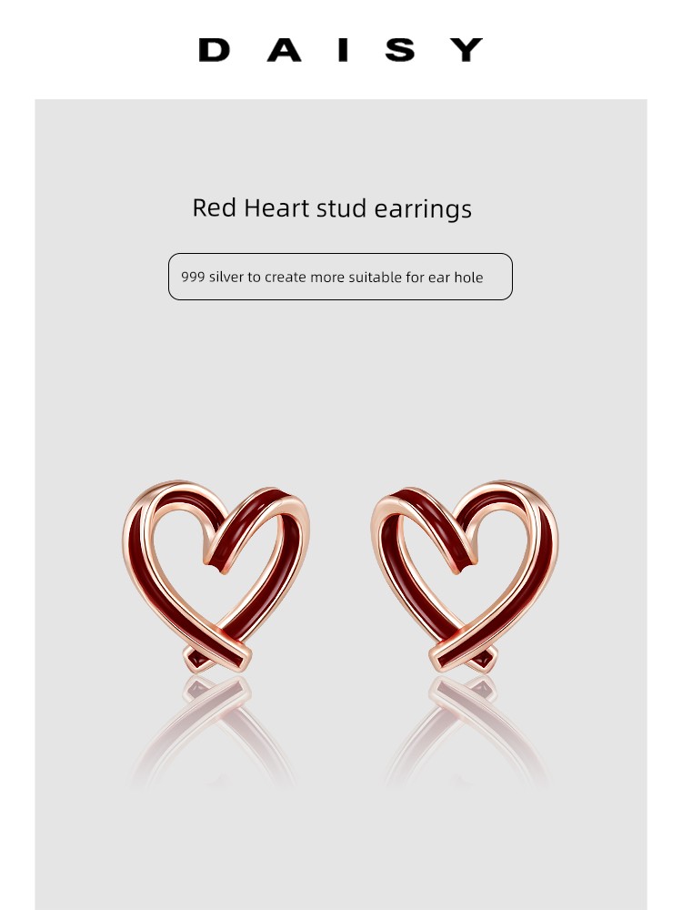 S999 Sterling Silver Red Heart-Shaped Ear Studs Women's Special-Interest Design Ear-Caring Earrings 2025 New Arrival Best Selling Graceful Earrings