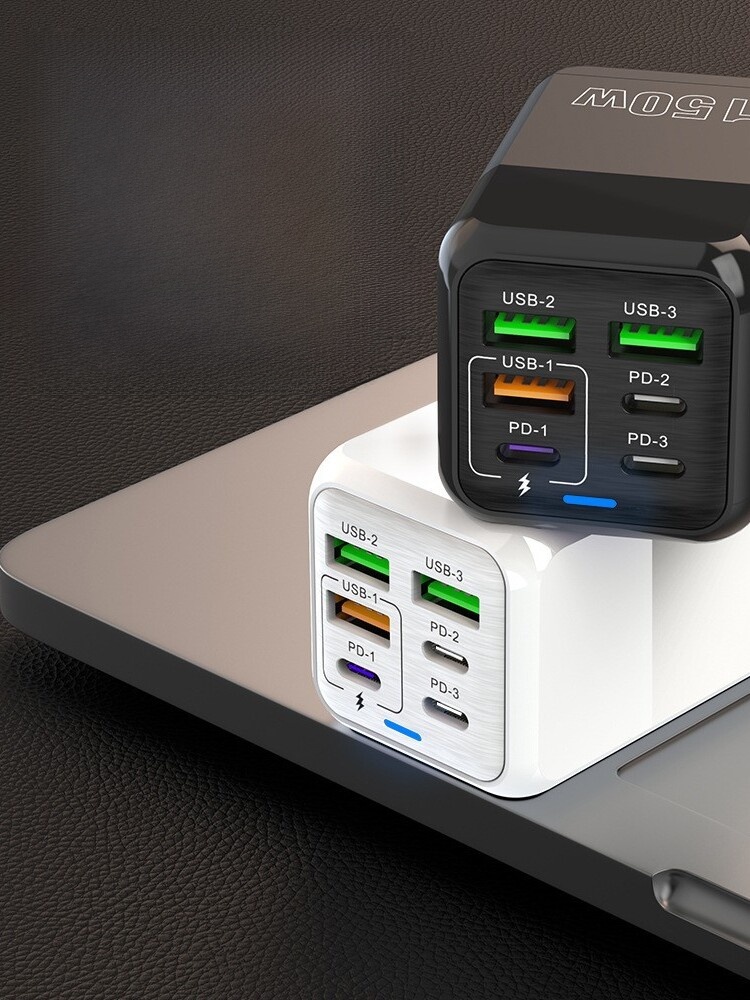 2024 New Arrival 150w Multi-Port Charger 3usb + 3PD Mobile Phone 6-in-1 Multi-Port Charging Plug 5 V3.1a Fast Charging Head