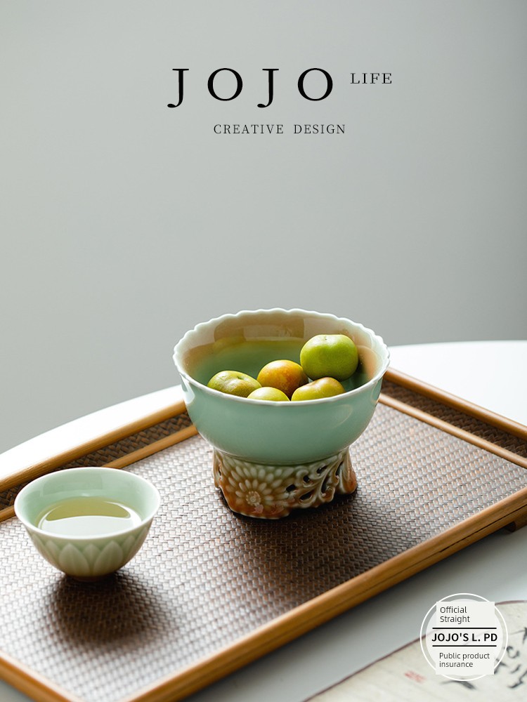Jojo's L. Pd. Seat. Gradient Celadon Embossed Pattern Cut Out High Foot Fruit Plate Candy Bowl | District Mansion