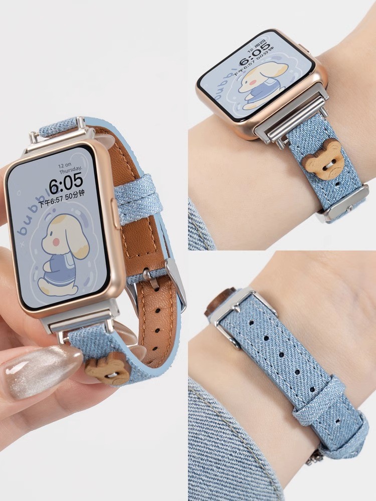 Applicable to Huawei Fit2 Strap Denim Buckle Wooden Little Bear Wristband Watchfit1 Watch Elegant New Arrival Apple Watch One Or Two Replacement Strap Fashion Classy New Vitality Female Accessories
