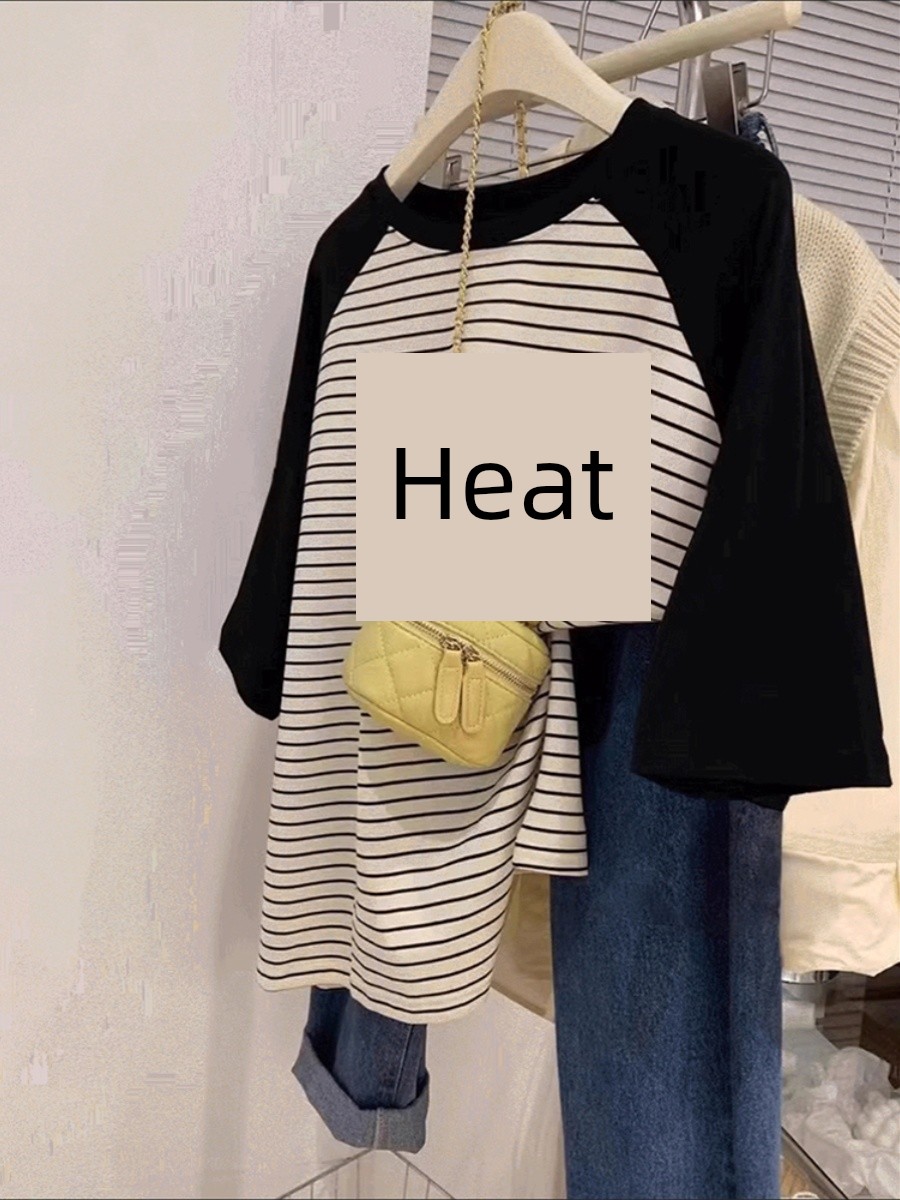 2025 Summer New Arrival Stripes Short Sleeve T-shirt Women's Design Niche Style Raglan Sleeve Hong Kong Style Chic Plus Size Oversized Girls' Top