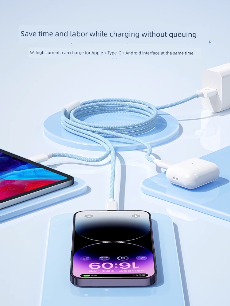 Подходит для кабеля данных 100 Вт, три в одном, быстрая зарядка для Apple Huawei Android с разъемом, набор один на три, зарядный кабель для мобильного телефона, трехголовый многофункциональный