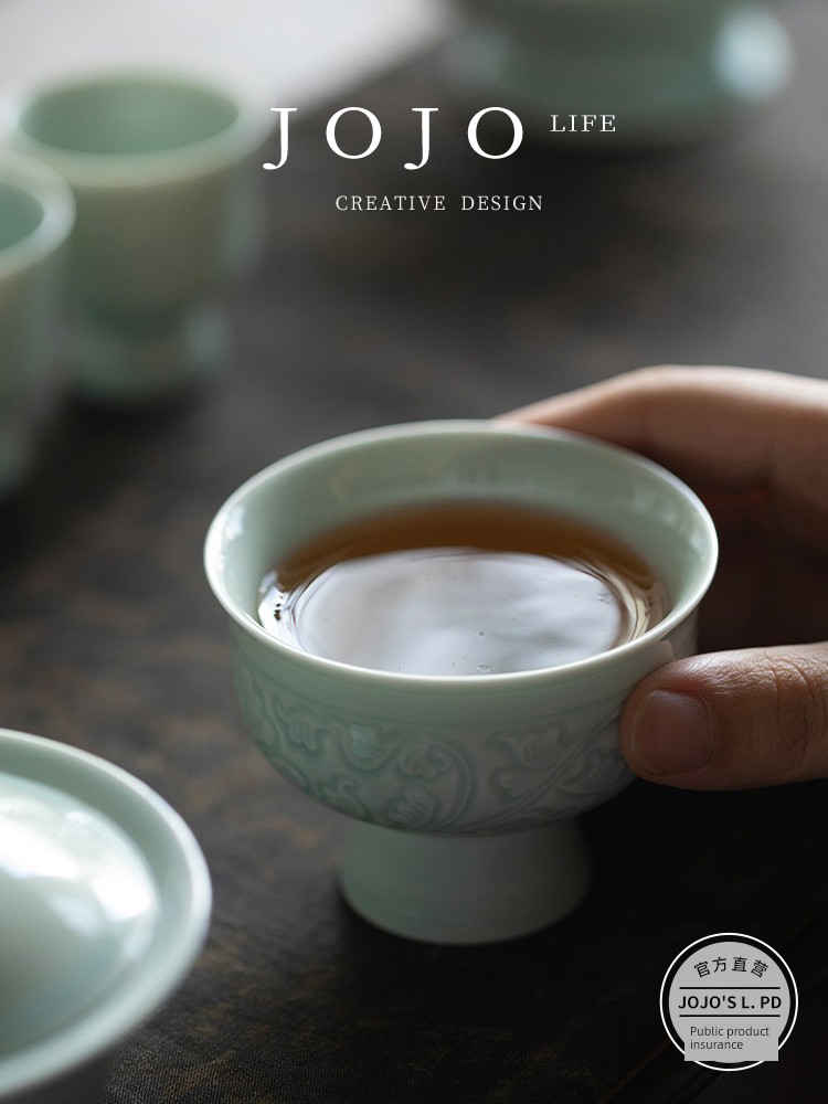 Jojo's L. Pd. Reciteback. Goblet Hutian Kiln Misty Blue Kung Fu Tea Set Relief | Reciting Back