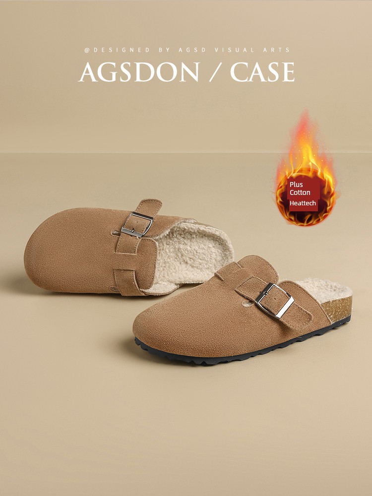 Fleece-lined Birkenstock Women Autumn and Winter 2024 New Thick-Soled Closed Toe Half Slippers Outer Wear Pregnant Women Boken Single-Layer Shoes Slip-on
