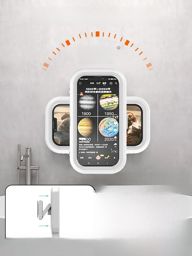 Rotate Bathroom Mobile Phone Water-Proof Box Lazy Fellow Watching TV Binge-watching Miracle Baby Sponge Wall Bathroom Storage Rack Transparent Storage Box Kitchen and Toilet Mobile Phone Stand Holder Retractable HD Fixed