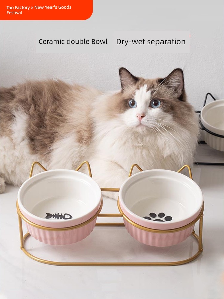 Oblique Mouth Protection Cervical Spine Anti-Tumble Drinking Water Integrated Cat Bowl