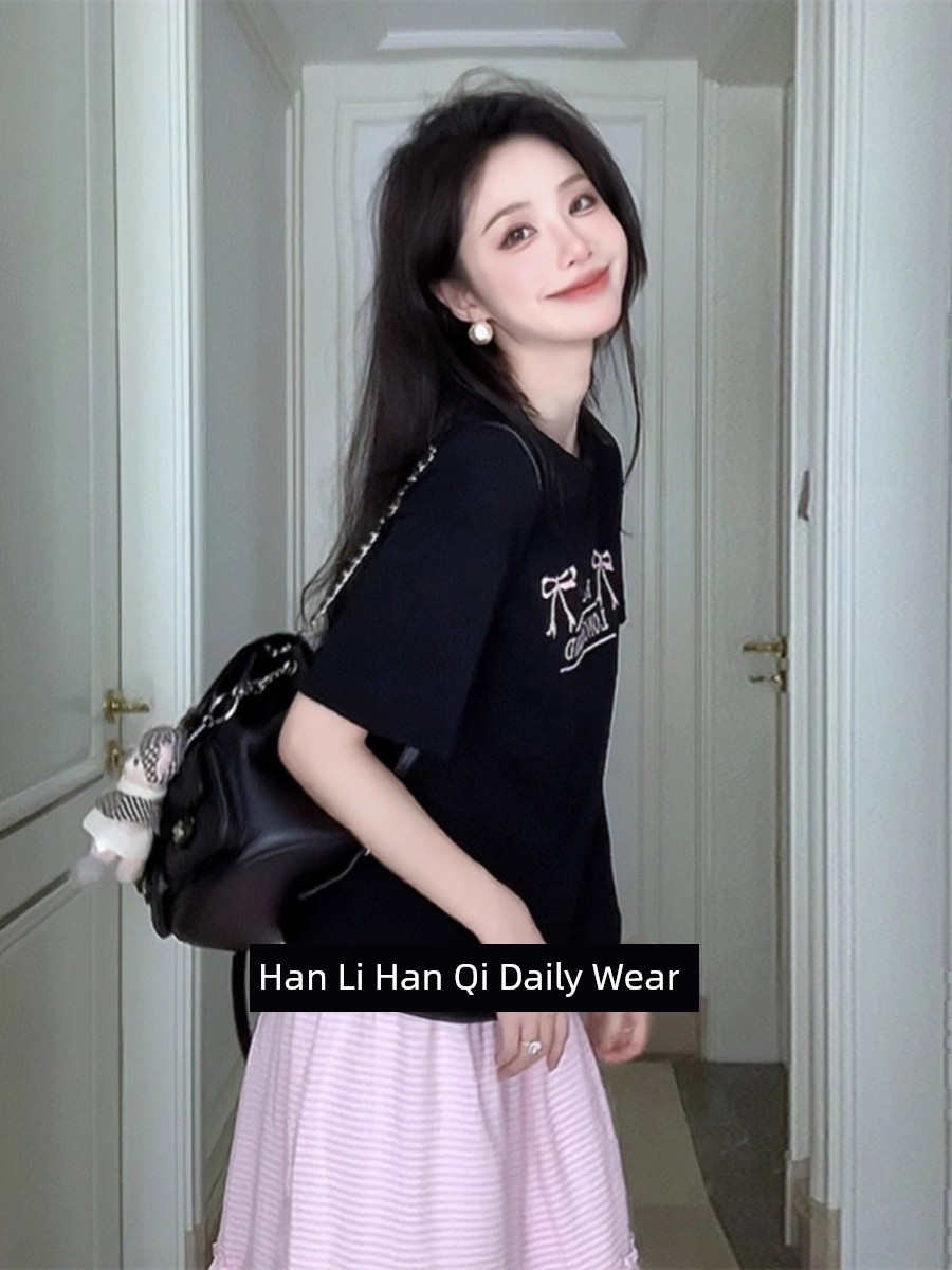 Bows Letters Print Loose Version Black Short-Sleeved T-shirt Female New Arrival French Style Tops Summer