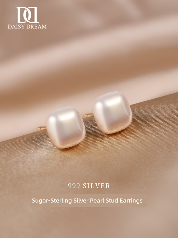 999 Sterling Silver Small Sugar Cube Pearl Stud Earrings Female Temperament Light Luxury Fancy Earrings 2025 New Arrival Best Selling Ear Rings