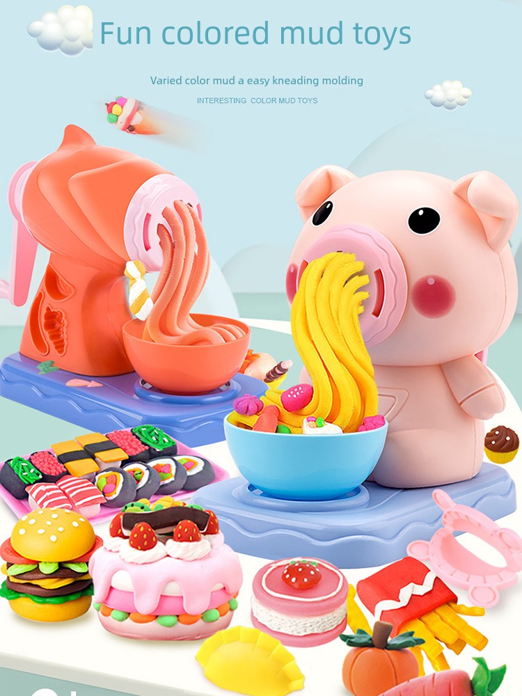 Cartoon Colored Clay Pig Noodle Maker Kids Play House Kitchen Toy DIY Sushi Hamburger Colored Clay Brickearth Suit