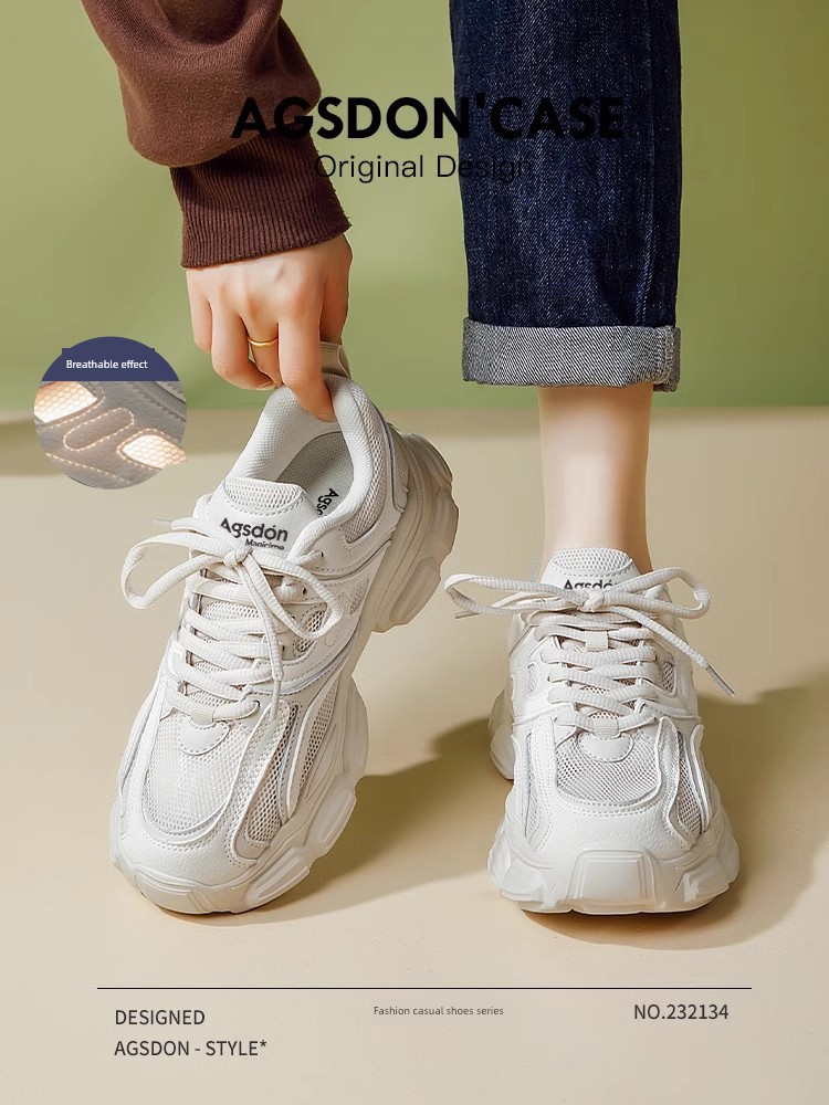 Mesh Breathable Clunky Sneakers Women's Shoes 2024 New Arrival Autumn White Easiest for Match Sports Raise the Bottom White Shoes Casual