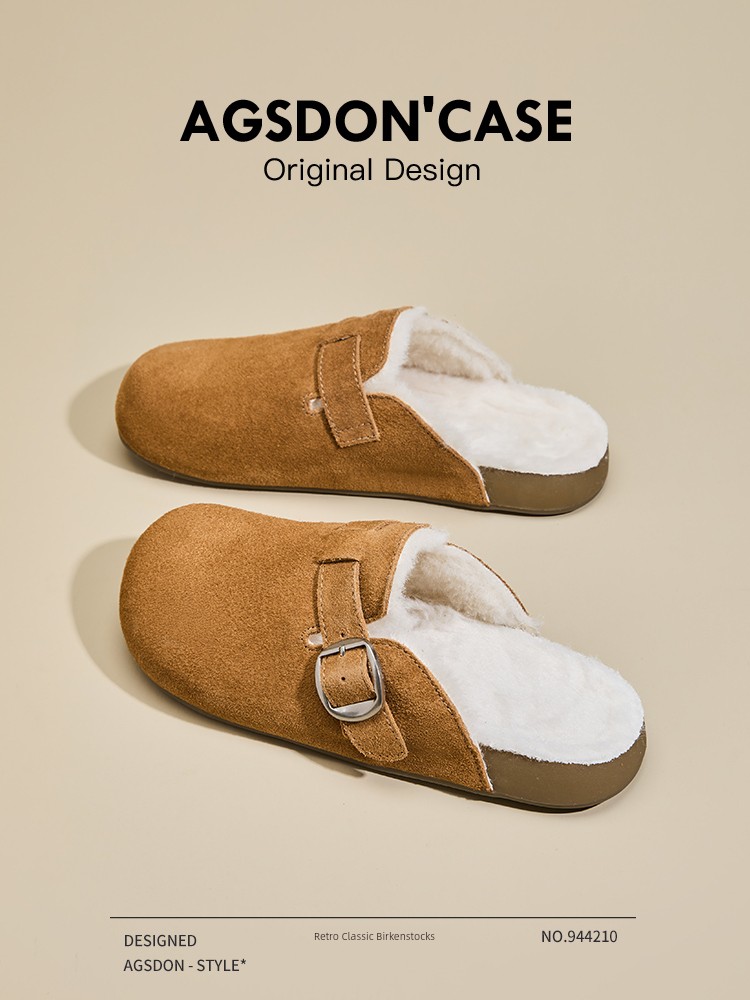 Augusto Birkenstock Women's 2024 New Arrival Autumn and Winter Thick Sole Boken Fleece-lined Fluffy Cotton Shoes Closed Toe Half Slippers