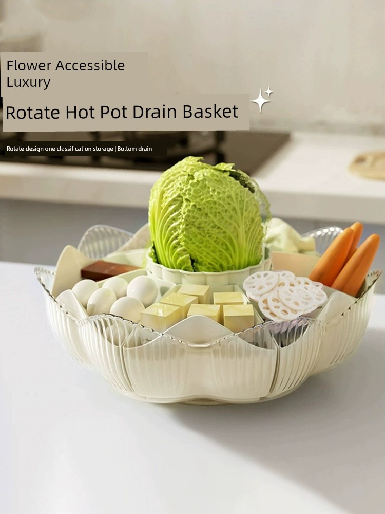 Petal Accessible Luxury Rotate Hot Pot Drain Basket Side Dish Plate Storage Tray Living Room Coffee Table Melon and Fruit Snacks Nut Plate