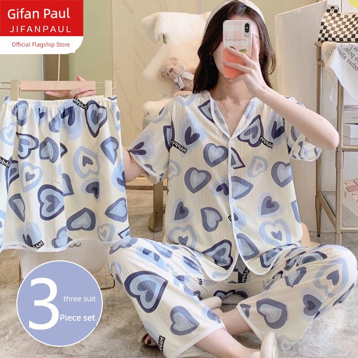 Women's Three-Piece Pajamas Summer Cardigan Short Sleeve Pants Fancy 2024 New Arrival Plus Size Spring and Autumn Homewear Suit