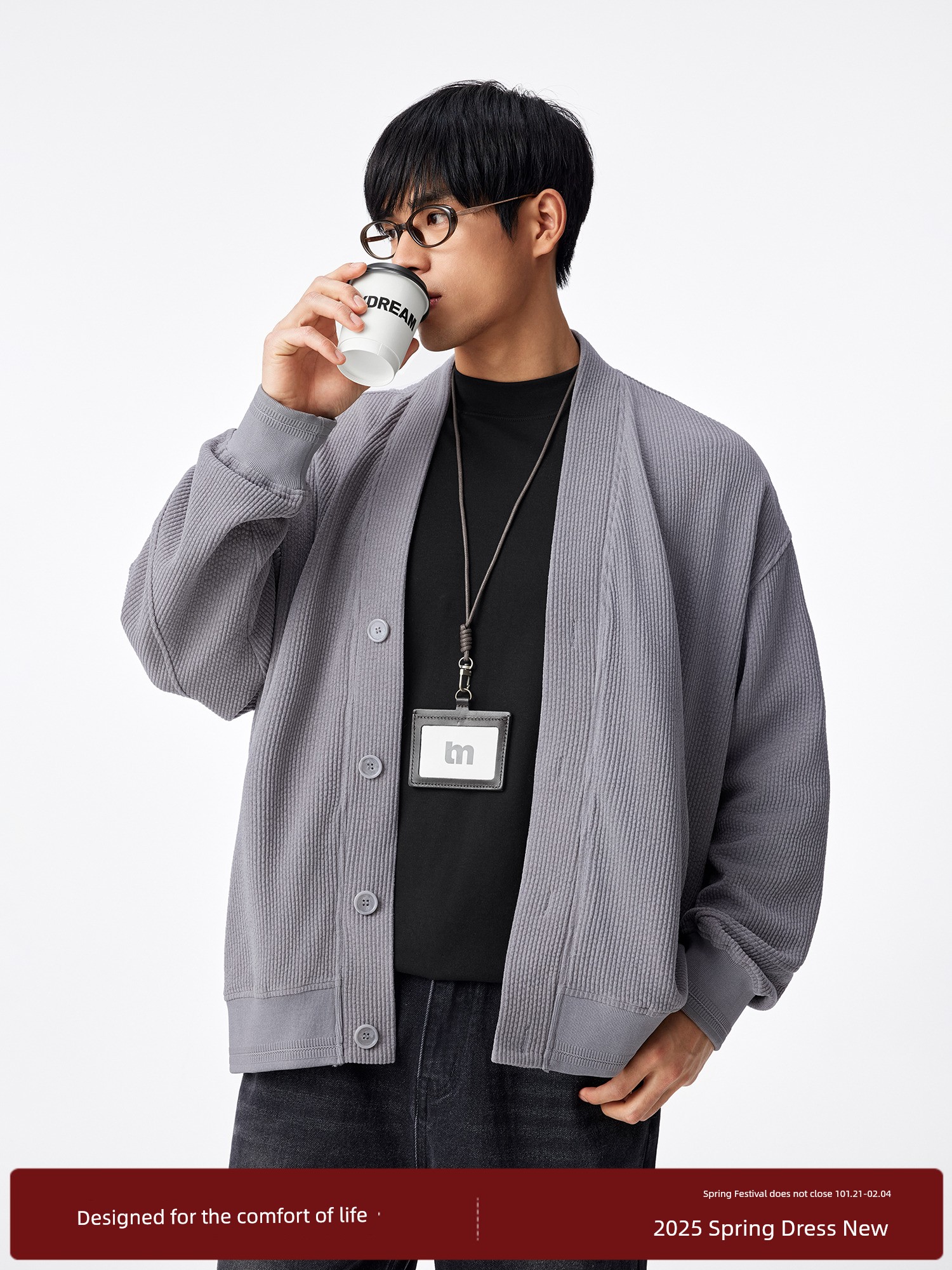 Bodydream BM New V-neck Cardigan Outwear Men Jacquard Texture Knitwear Loose Casual Top