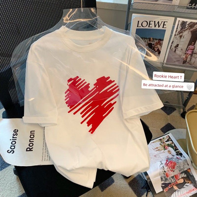 Chubby Girl Plus Size 1.00 Kg-150.00 kg Summer Cotton Short Sleeve T-shirt Female Loose All-Matching Slimming White Heart Printing Tops