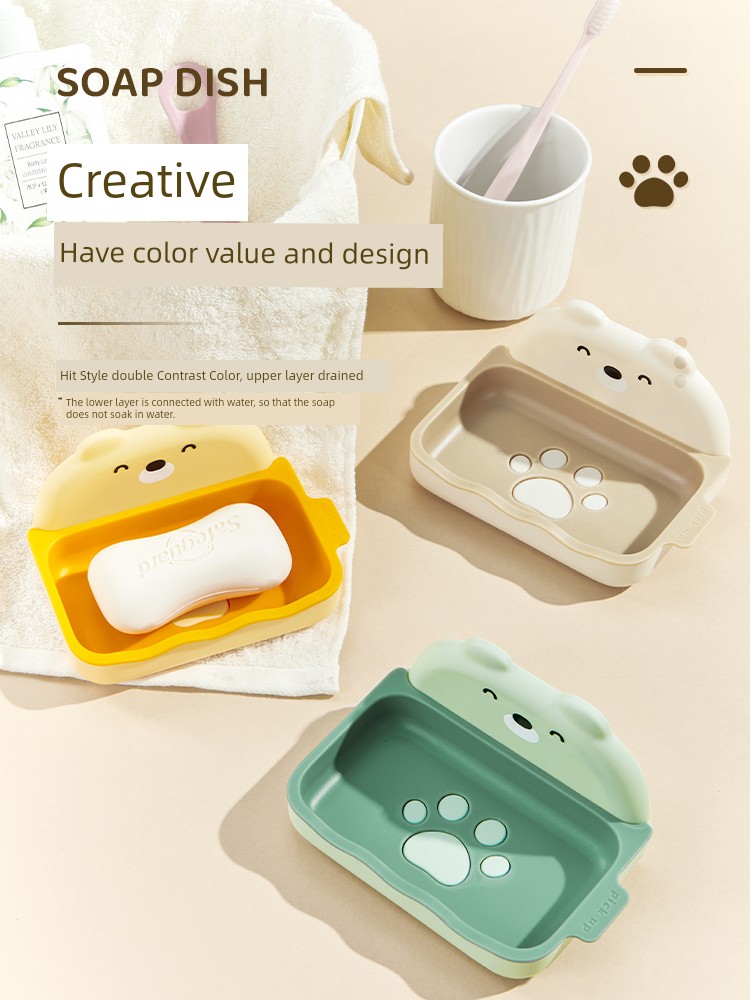 Wall-Mounted Double-Layer Bear Soap Dish Cute Punch-Free Hanging Rack Draining For Home Toilet Soap Box Storage Rack