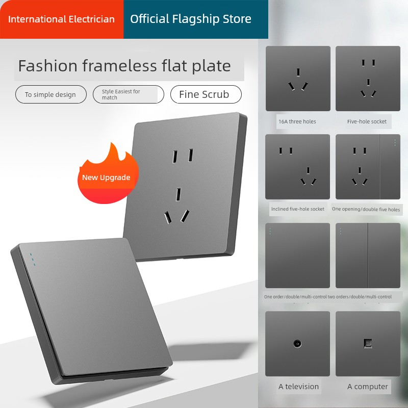 International Electrician 86 Type Concealed Large Board Gray For Home Porous Wall Power Supply One Open Five Holes Switch Socket Panel