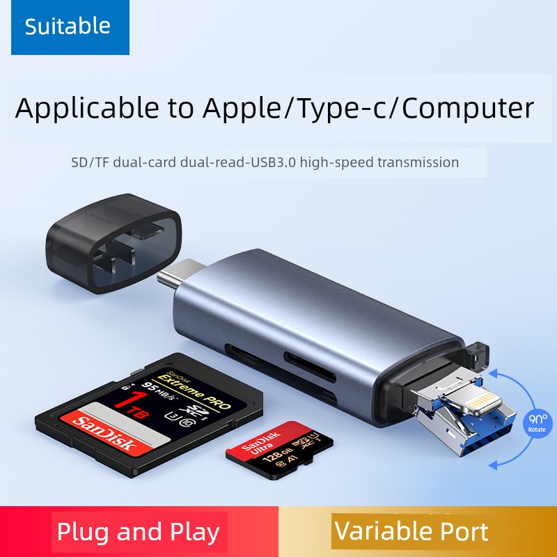 Applicable to USB3.0 High-Speed Card Reader Memory Card Applicable to Apple Iphone15 Mobile and DSLR SD Card TF Card Universal Multi-Function Memory Card Transfer Typec Computer U Disk Neutral